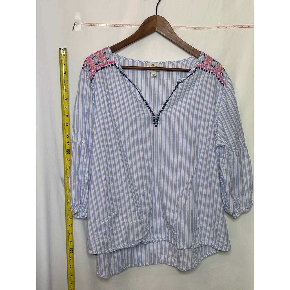 St. John's Bay Striped Embroidered V-Neck Blouse XL Women 100%‎ Cotton